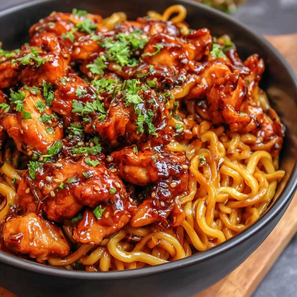 Sticky Garlic Chicken Noodles are pictured in a delicious featured image.
