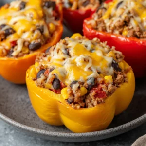 Close-up of colorful and delicious Taco Stuffed Peppers, showcasing the vibrant filling and perfectly cooked peppers.