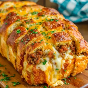 ULTIMATE CHEESY GARBAGE BREAD 2 A delicious, golden-brown loaf of Cheesy Garbage Bread sits ready to be enjoyed, showcasing its cheesy topping and tempting appearance.