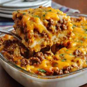 A delicious serving of Cheesy Hamburger Casserole is presented as the featured image for this recipe.
