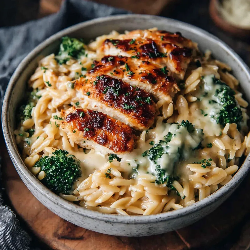 Close-up of a delicious Chicken Broccoli Orzo Bake featuring creamy orzo pasta, tender chicken, and vibrant green broccoli.