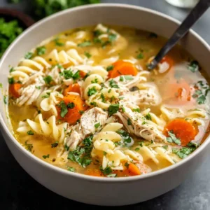 A comforting bowl of Chicken Noodle Soup, a classic remedy and delicious meal.