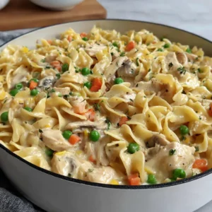 A close-up shows creamy and delicious Chicken Pot Pie Pasta served in a white bowl.