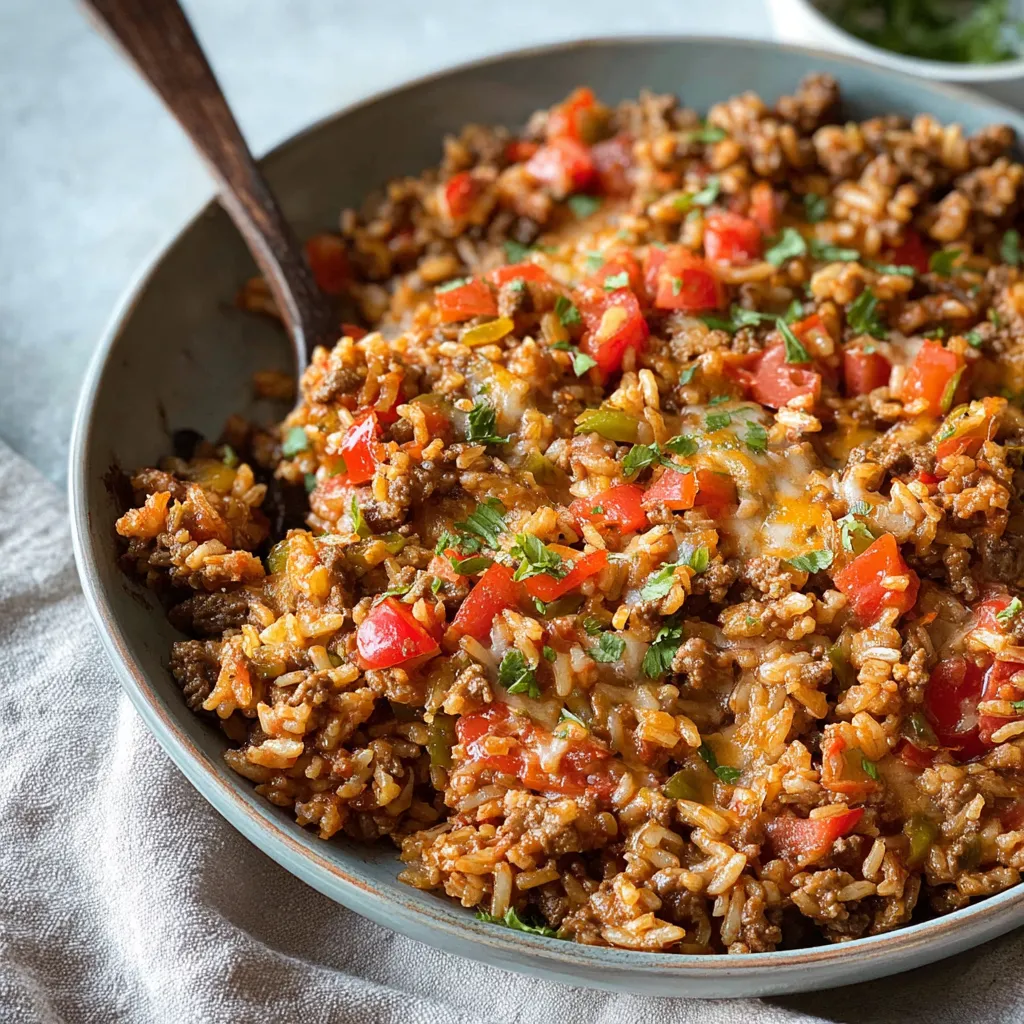 Unstuffed Pepper Skillet served in a cast iron skillet, showcasing a delicious and easy weeknight meal.