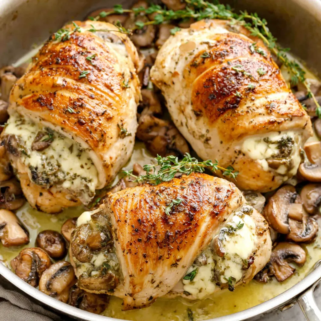 Close-up shows delicious Chicken Breasts Stuffed with Garlic Butter Mushrooms, ready to be served.