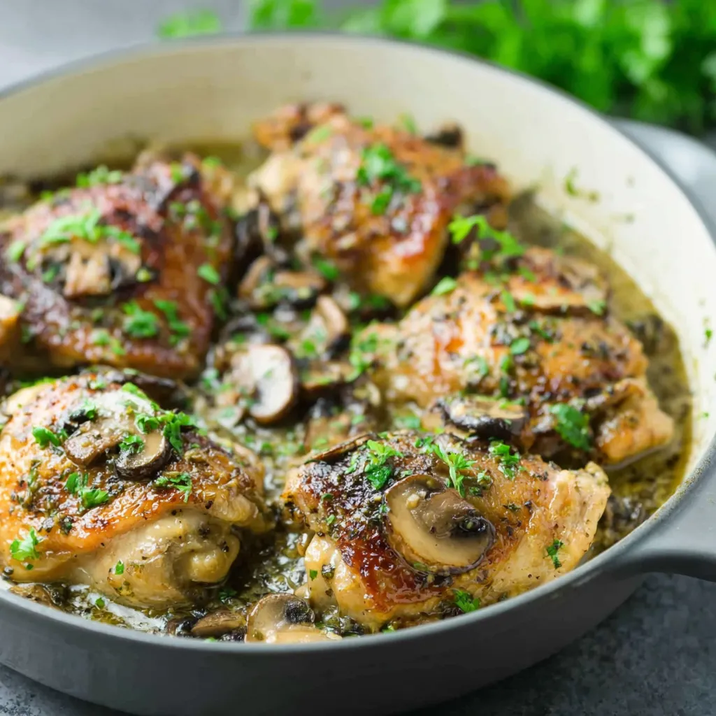 Close-up view of Creamy Keto Skillet Chicken Thighs With Mushroom Sauce in a skillet, ready to serve.