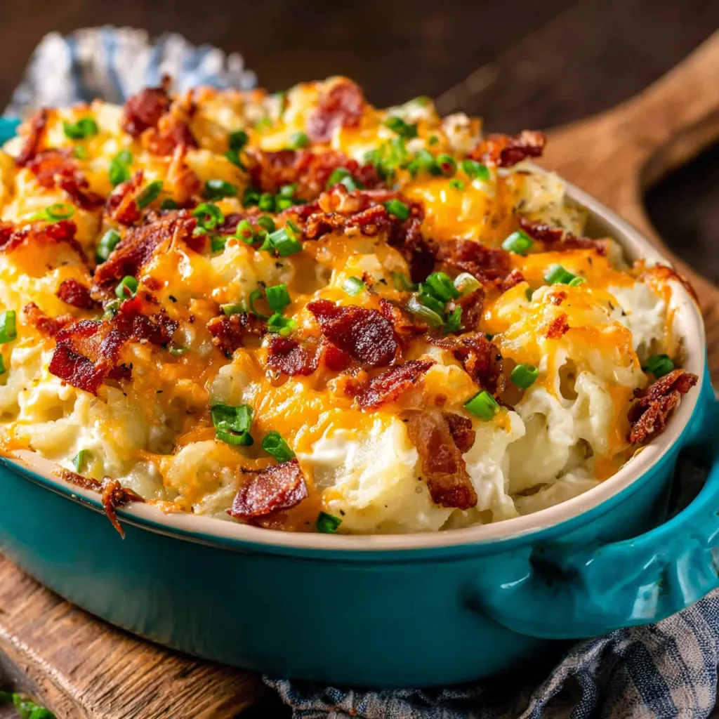 Close-up of a freshly baked Creamy Loaded Potato Ranch Chicken Casserole, showcasing its golden-brown topping and creamy filling.