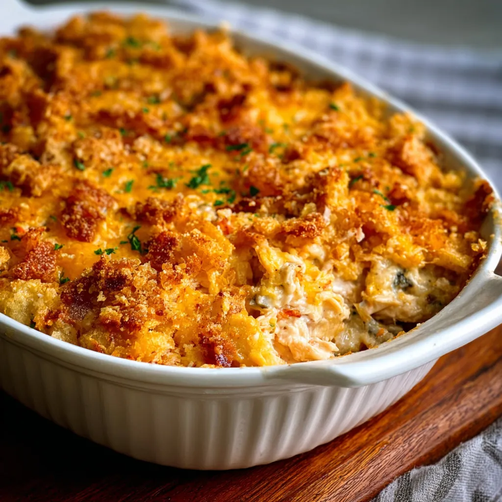 A close-up shot of a freshly baked Million Dollar Chicken Casserole, revealing its creamy, cheesy texture.