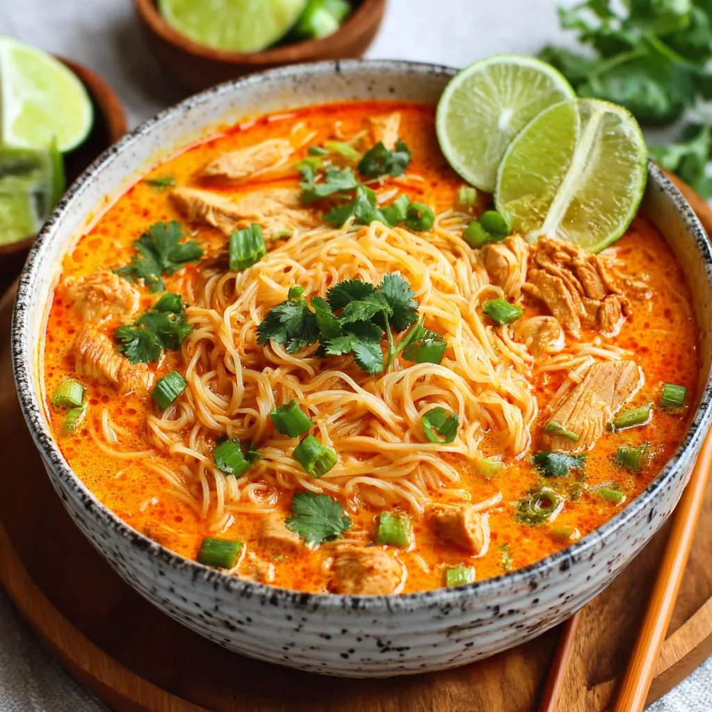 Close-up shot of a vibrant bowl of Thai Red Curry Noodle Soup showcasing the rich broth, noodles, and colorful vegetables.