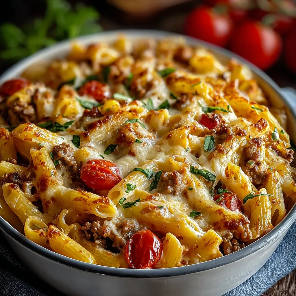 Close-up of a bubbly and golden-brown Baked Cheesy Rotel Pasta ready to be served.