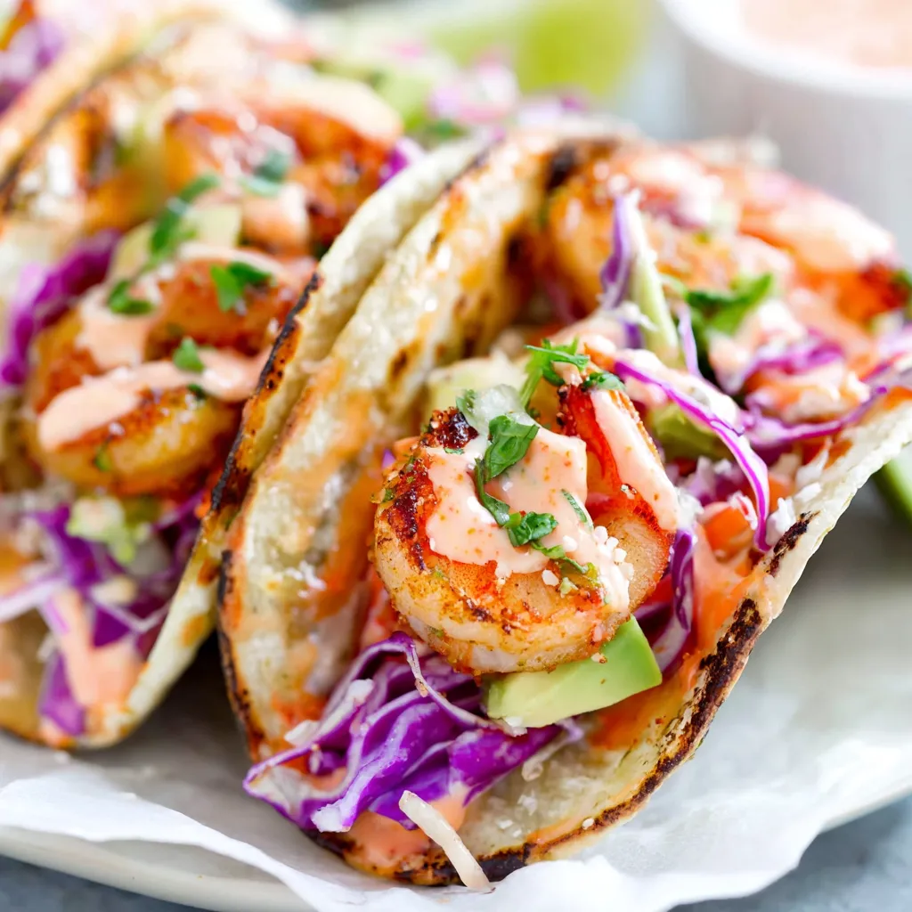 Close-up of a delicious Bang Bang Shrimp Taco, showcasing the creamy sauce and fresh toppings.