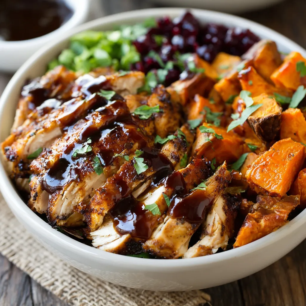 A close-up shot showcasing the delicious components of a BBQ Chicken Sweet Potato Bowl.