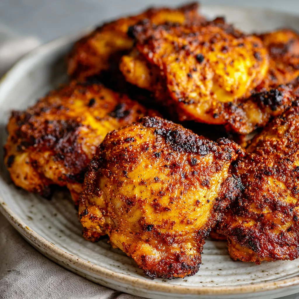 Close-up shot of juicy Air Fryer Boneless Chicken Thighs cooked to golden perfection.