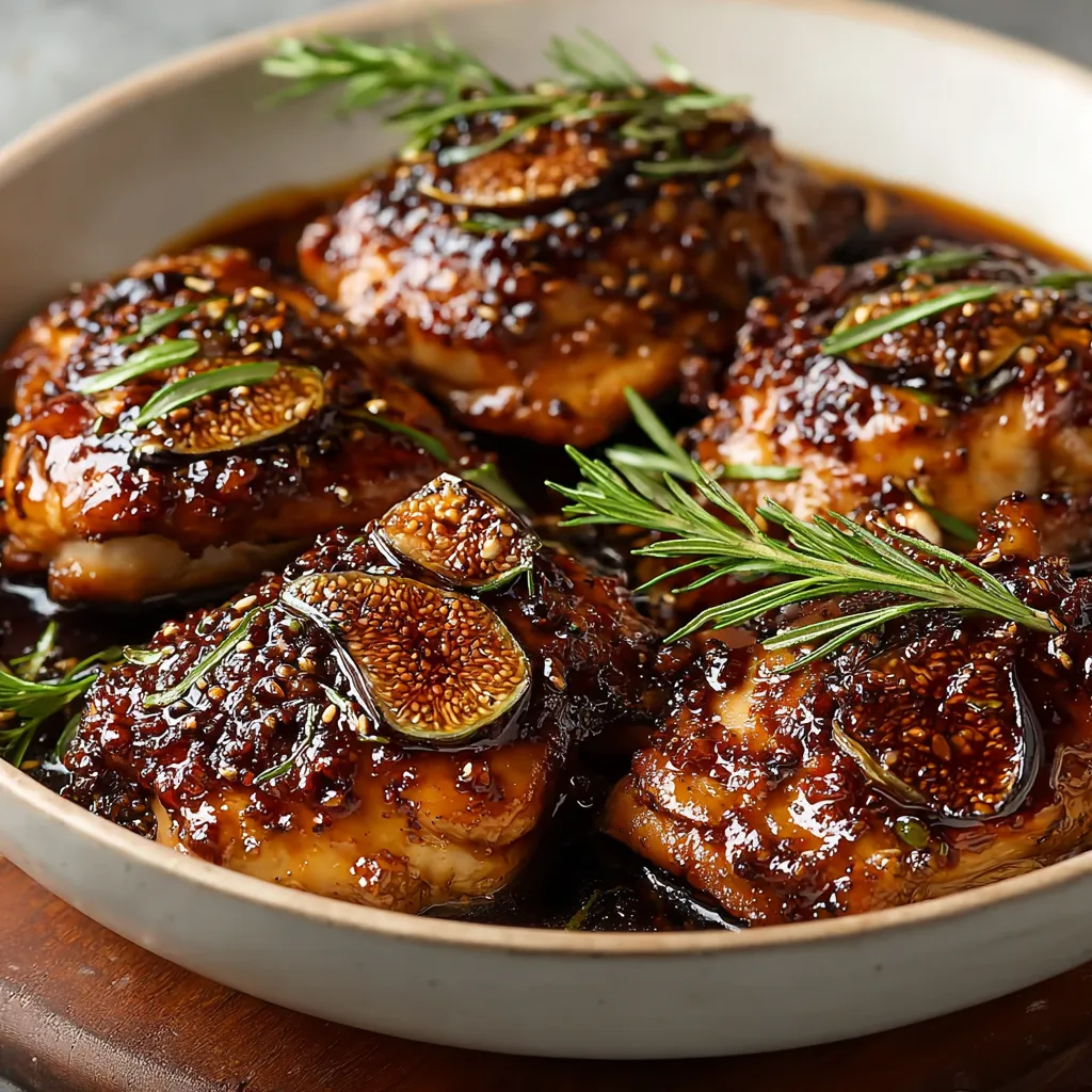 Close-up showcases the delicious, sticky glaze of Balsamic Fig Glazed Chicken Thighs, highlighting their rich color and appetizing texture.
