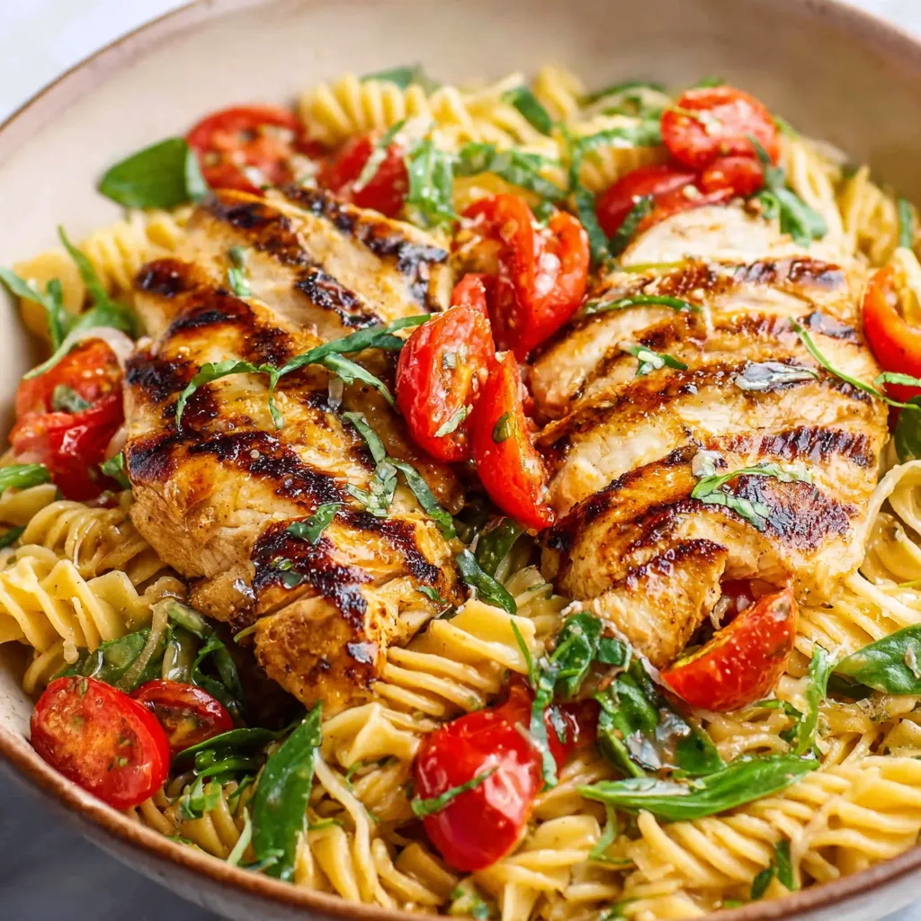Close-up of delicious Bruschetta Chicken Pasta, showcasing the juicy tomatoes, grilled chicken, and perfectly cooked pasta.