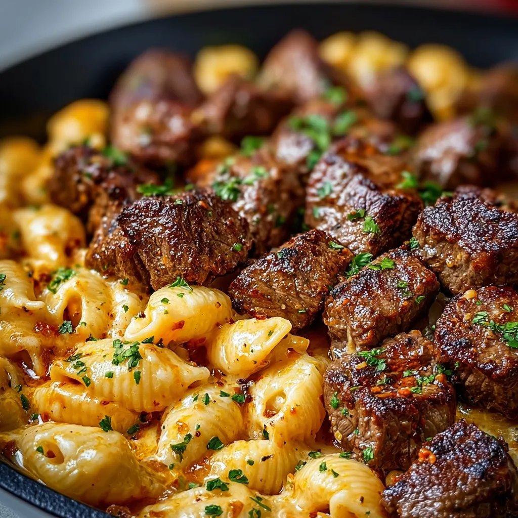 Close-up shot of delicious Cajun Steak Bites, showcasing their juicy tenderness and vibrant seasoning.