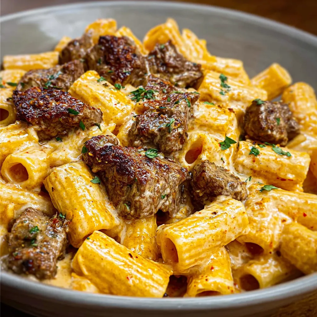 Close-up showing the delicious, creamy texture of Cajun Steak Tips In Creamy Rigatoni Parmesan Bake.