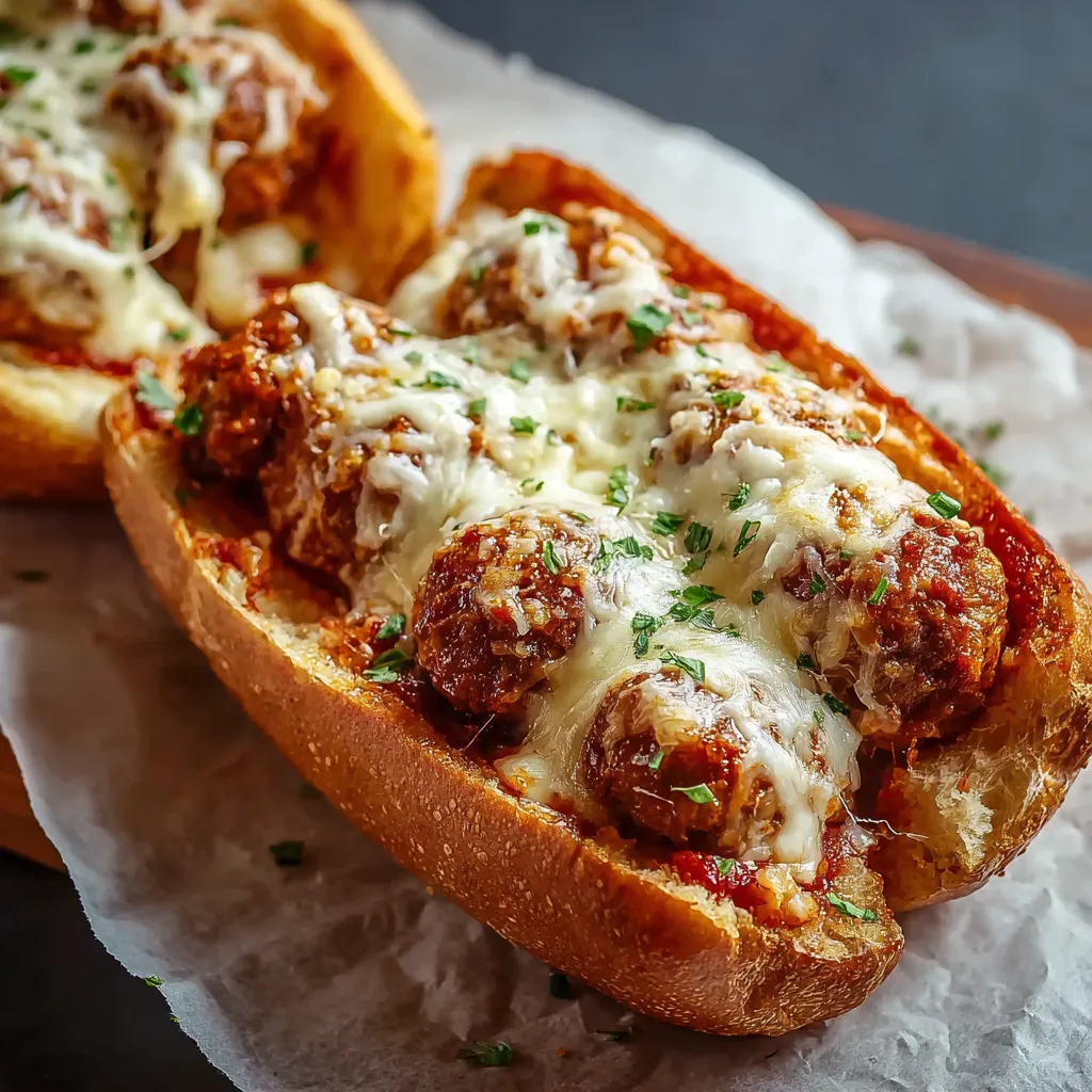 A close-up shot showcases delicious Cheesy Meatball Subs overflowing with melted cheese and savory tomato sauce.