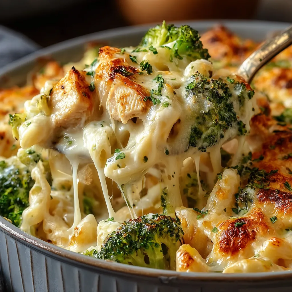 Close-up view of a freshly baked Chicken Broccoli Alfredo Bake, showcasing its golden-brown topping and creamy sauce.