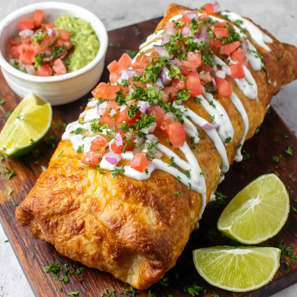 Close-up of delicious, golden-brown Chicken Chimichangas, ready to be enjoyed.