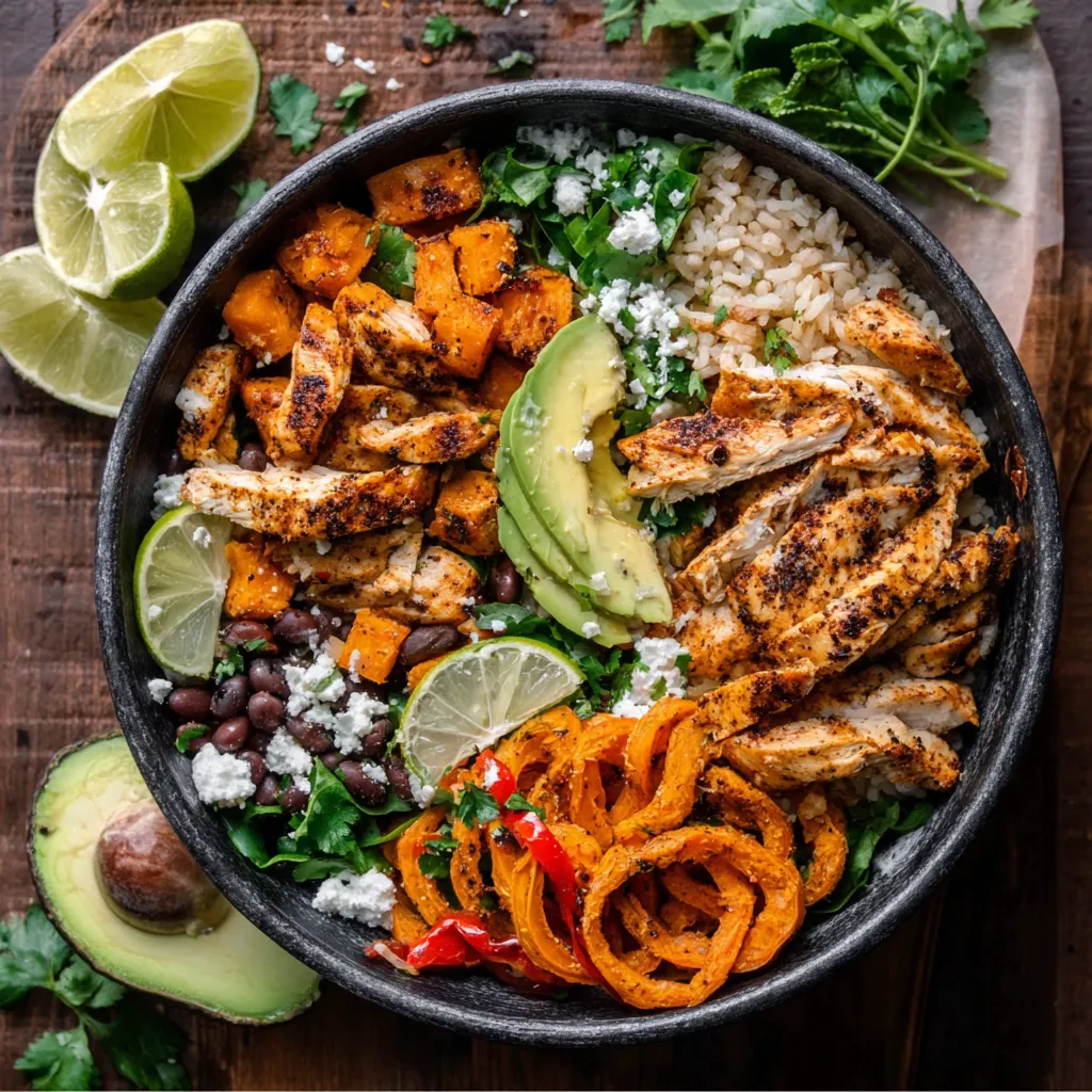 Close-up shot of a colorful Chicken Sweet Potato Rice Bowl, showcasing the textures of the chicken, sweet potato, and rice.