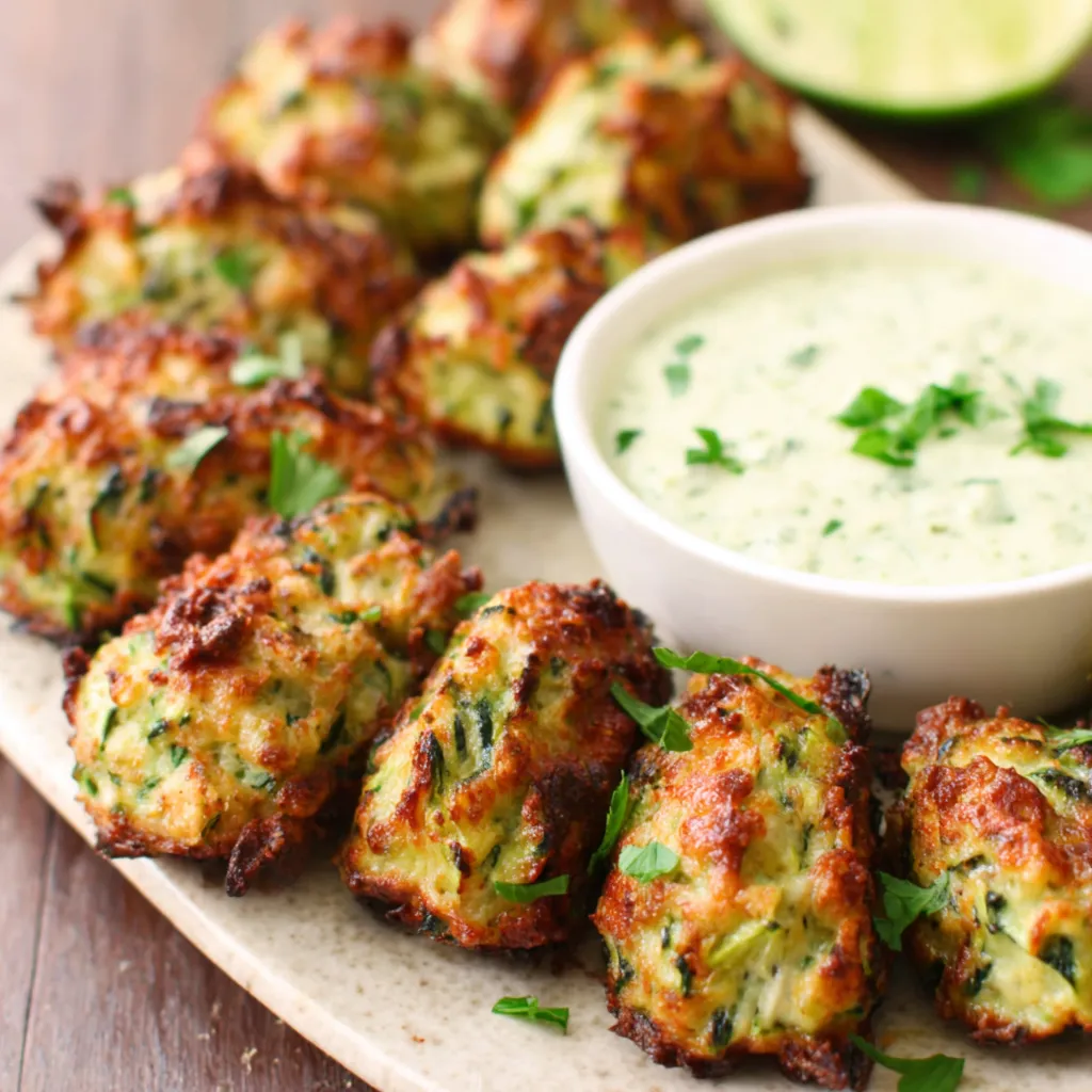Close-up of freshly baked Chicken Zucchini Poppers, showcasing their golden-brown exterior and inviting appearance.
