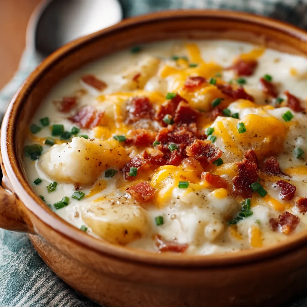 Close-up of creamy and delicious Creamy Crock Pot Crack Potato Soup served in a bowl, showcasing its rich texture and flavorful ingredients.
