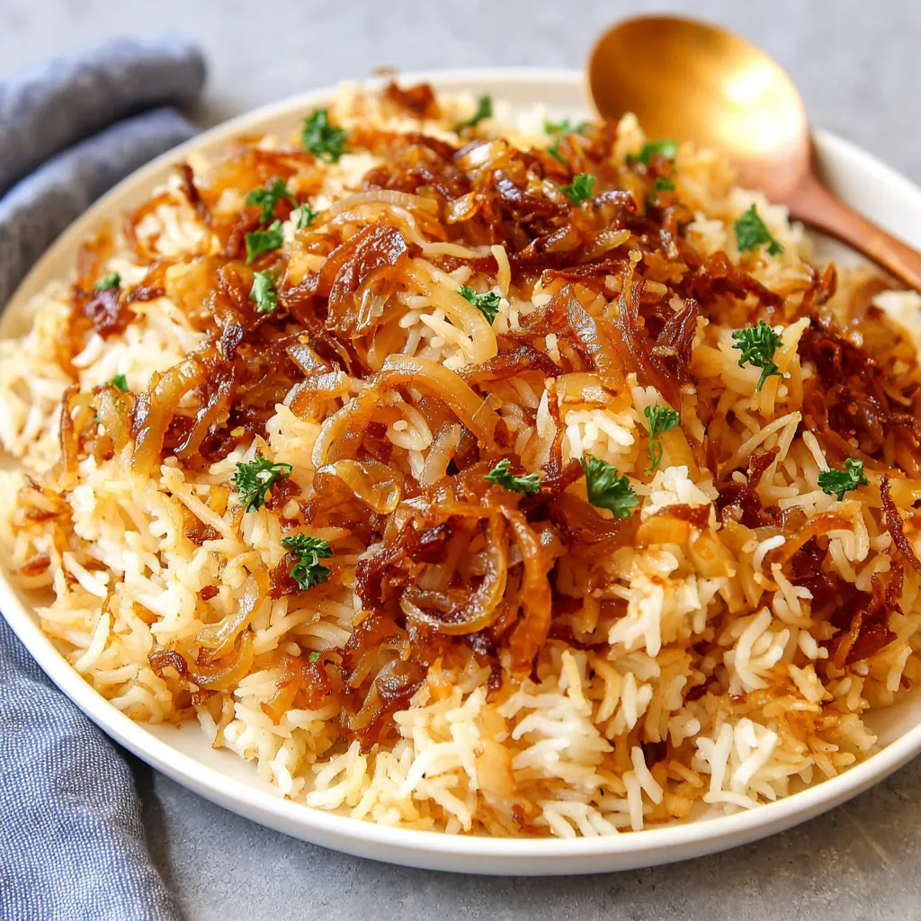 Close-up shot of perfectly cooked French Onion Butter Rice showcasing its creamy texture and caramelized onions.