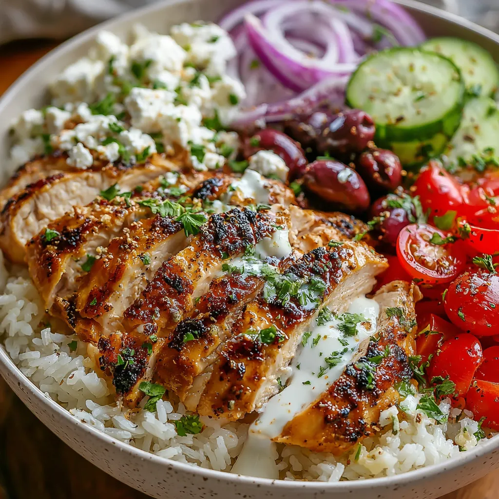 Close-up shot of vibrant Greek Chicken Bowls showing the fresh ingredients like grilled chicken, colorful vegetables, and creamy tzatziki sauce.