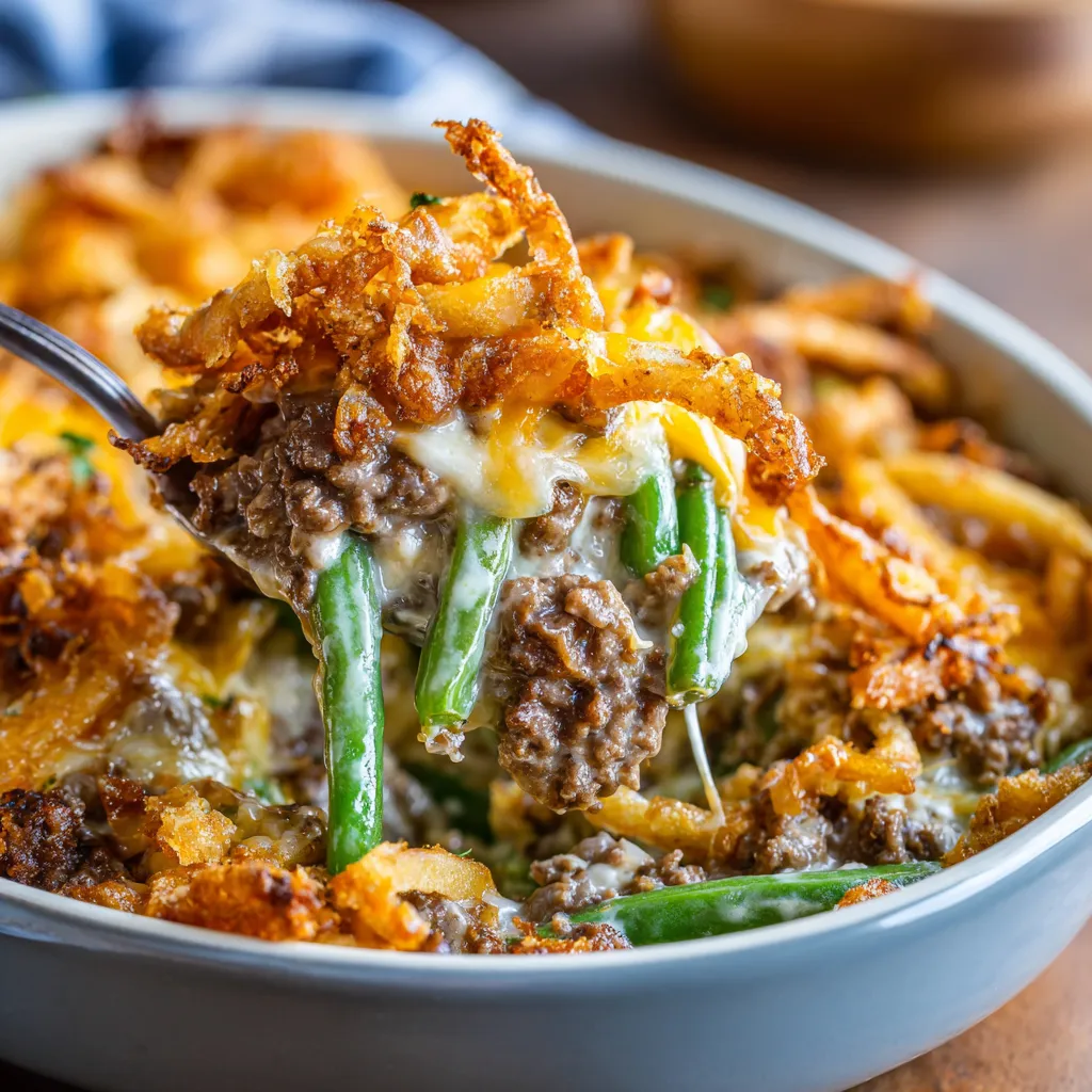 A close-up shot showcases another serving of the hearty Hamburger Green Bean Casserole.