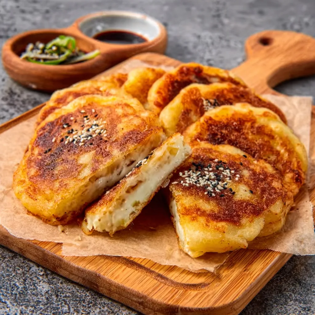 Close-up view of a golden-brown Korean Cheese Hotteok, filled with melted cheese, showcasing its delicious texture.