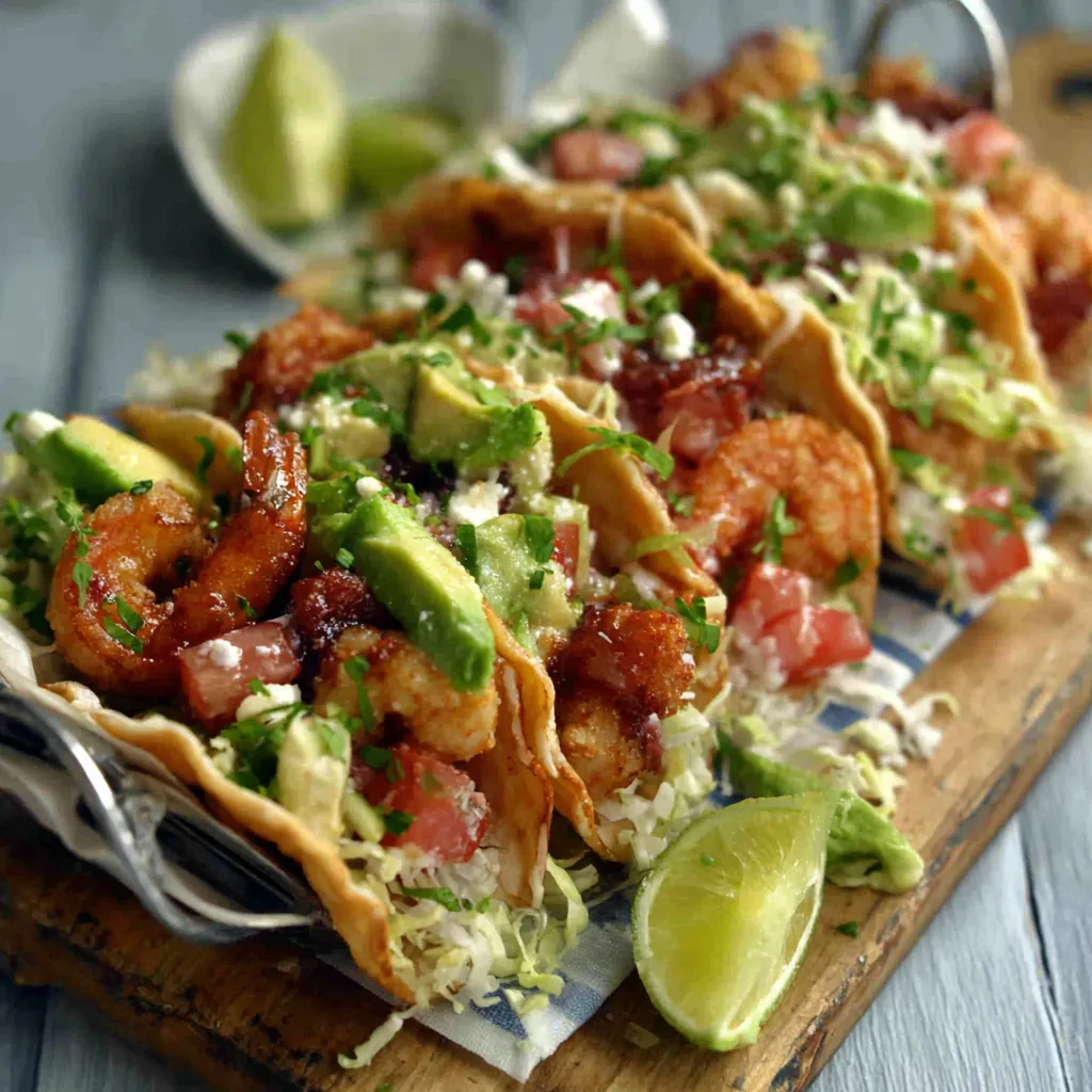 Close-up showing the delicious details of fully assembled Bronzed Shrimp Tacos.