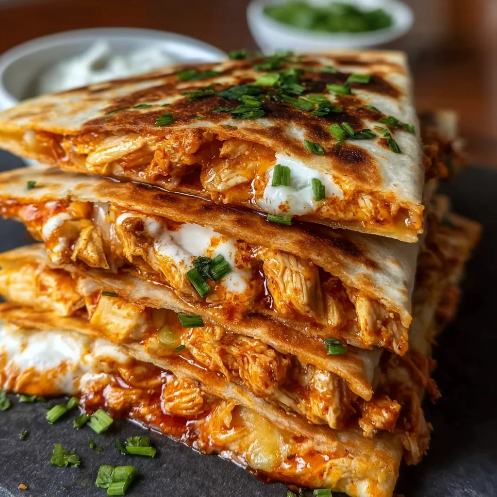 A close-up shot showcasing the cheesy, saucy filling of Buffalo Chicken Quesadillas.