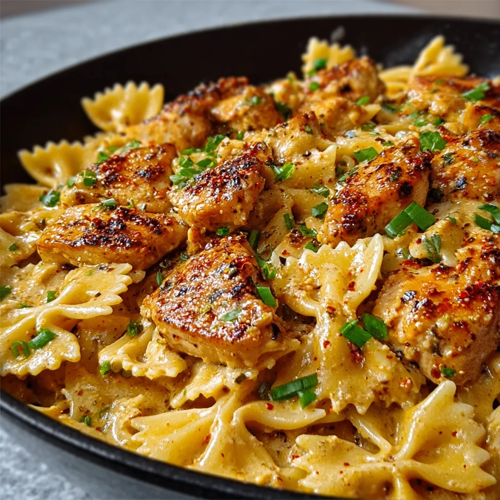 Close-up of a delicious Cajun Chicken Bowtie Pasta Skillet, showcasing the creamy sauce and tender chicken.