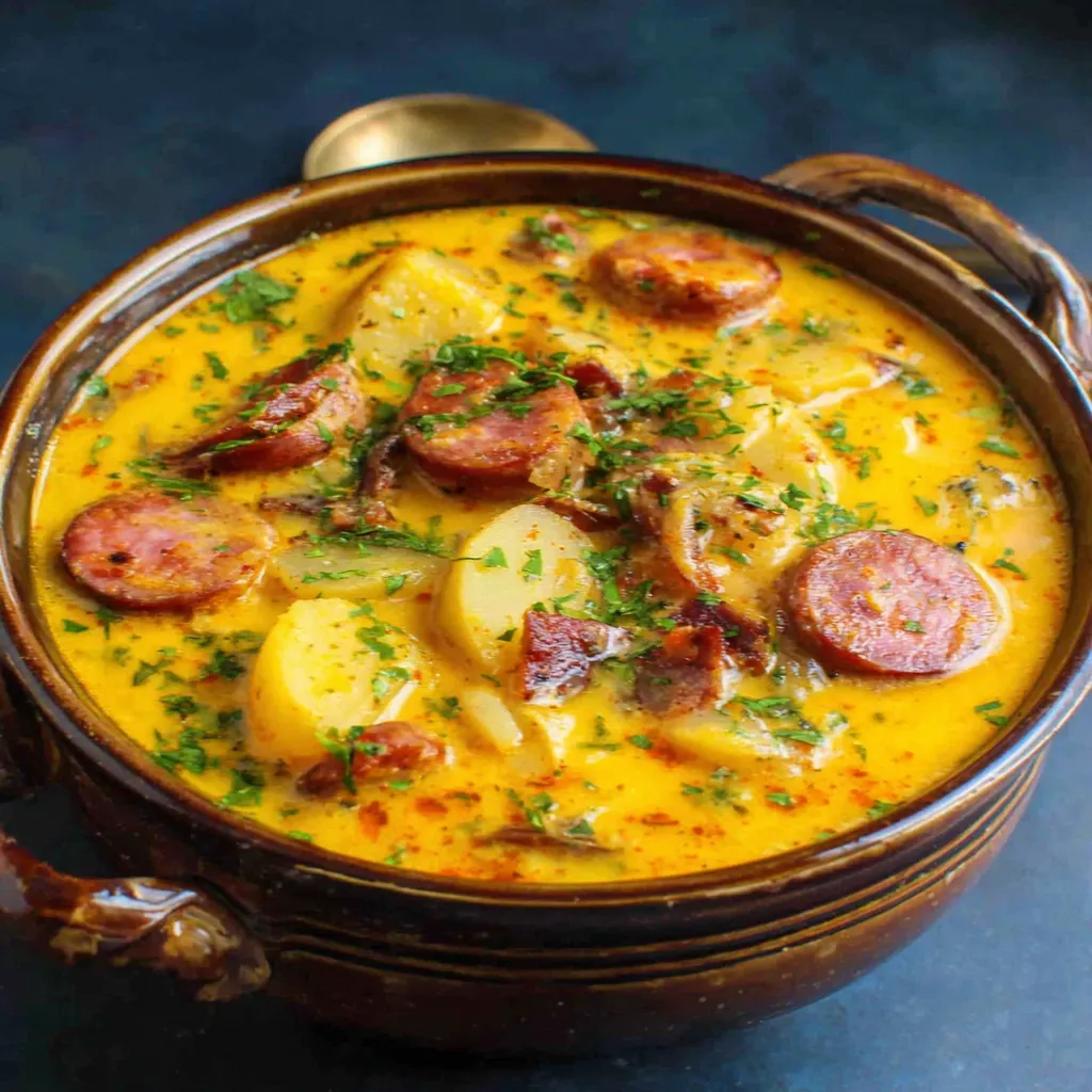 A close-up shot of creamy Cajun Potato Soup in a bowl, showcasing its rich texture and inviting flavors.