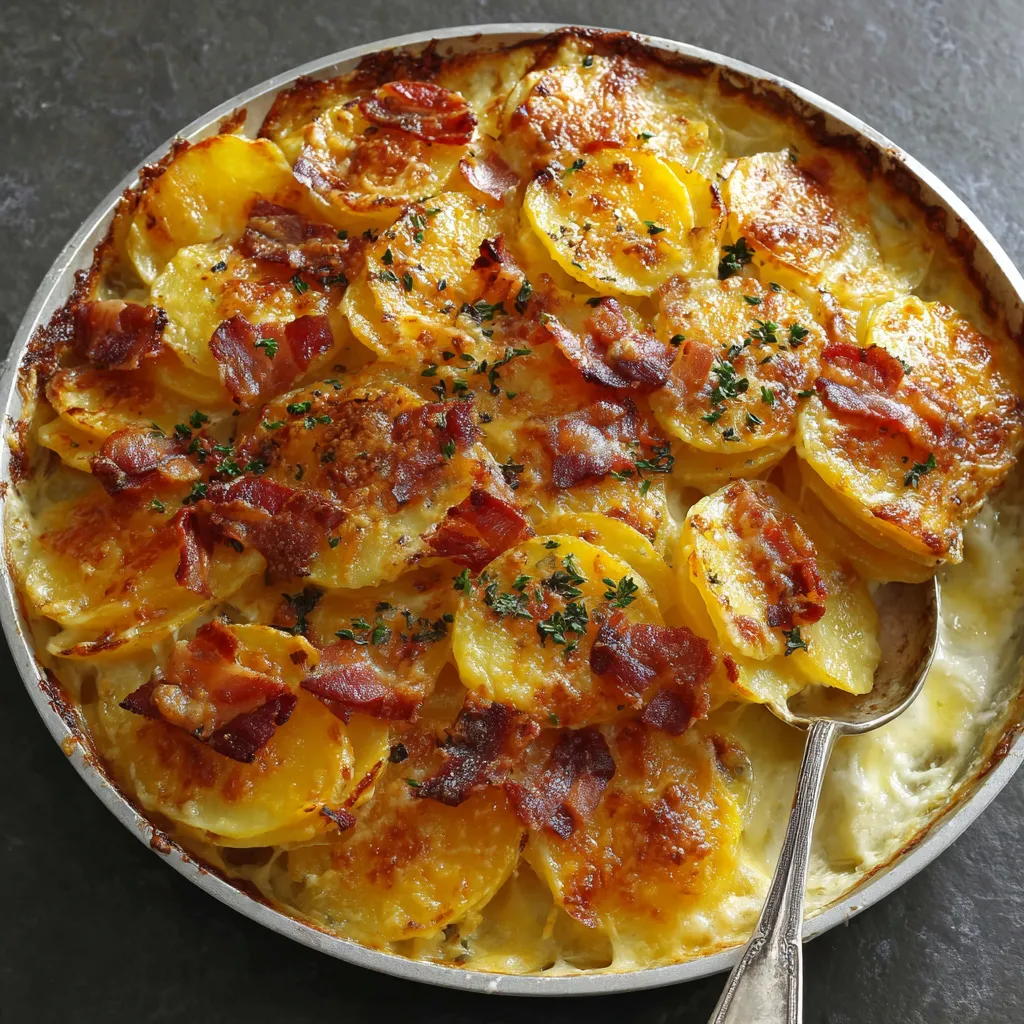 Close-up of a creamy and bubbly Cheesy Potato Gratin Casserole, showing the golden-brown cheese topping and layers of sliced potatoes.