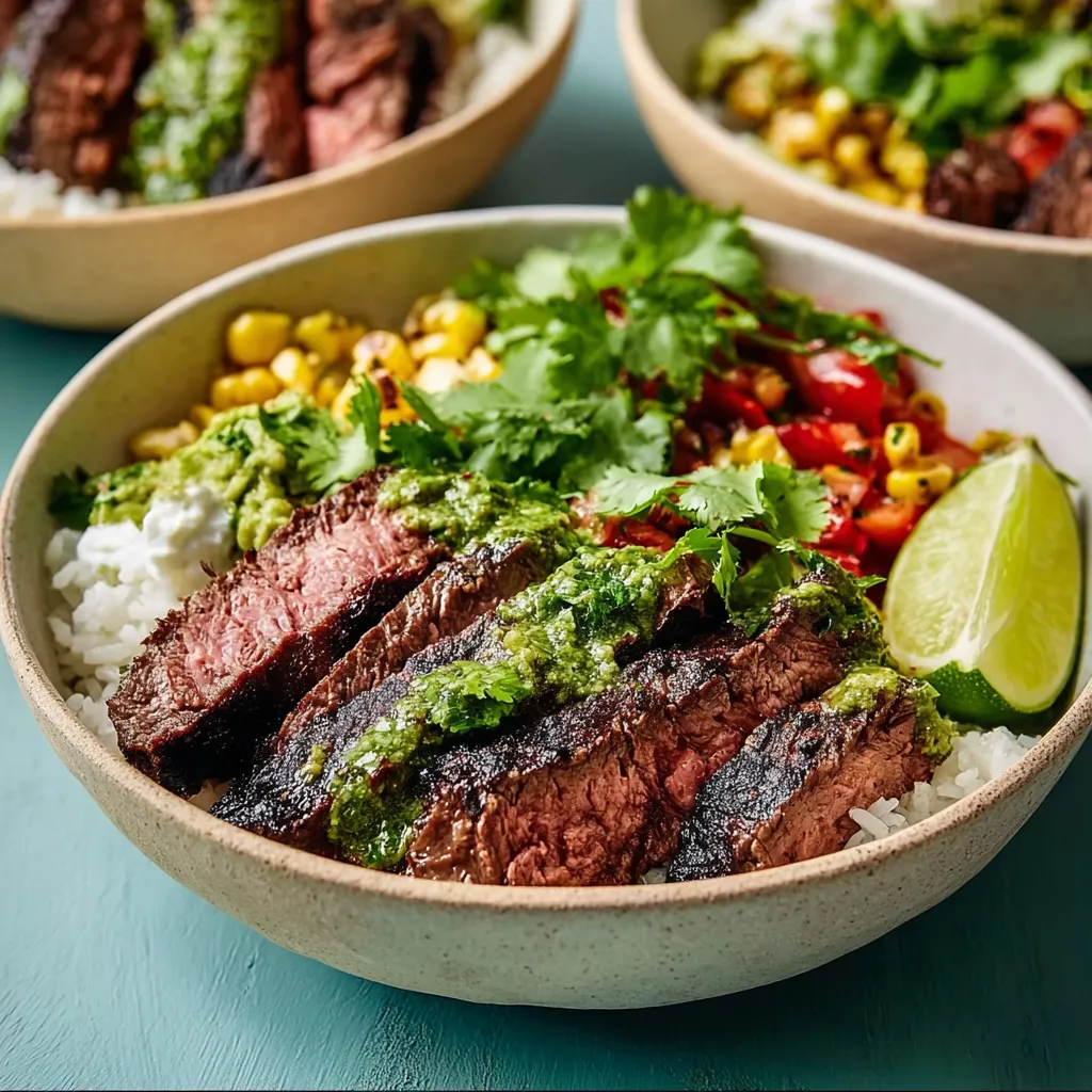 Close-up of Cilantro Lime Steak Bowls showcasing the vibrant colors and textures of the juicy steak, cilantro lime rice, and fresh toppings.