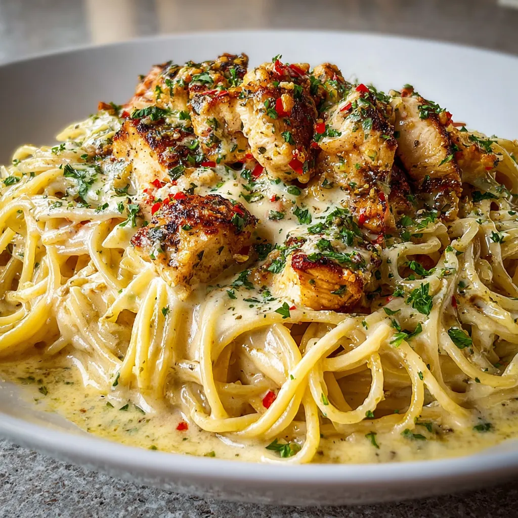 Close-up shot of a plate of Creamy Cajun Chicken Spaghetti, showcasing its creamy sauce and flavorful chicken.