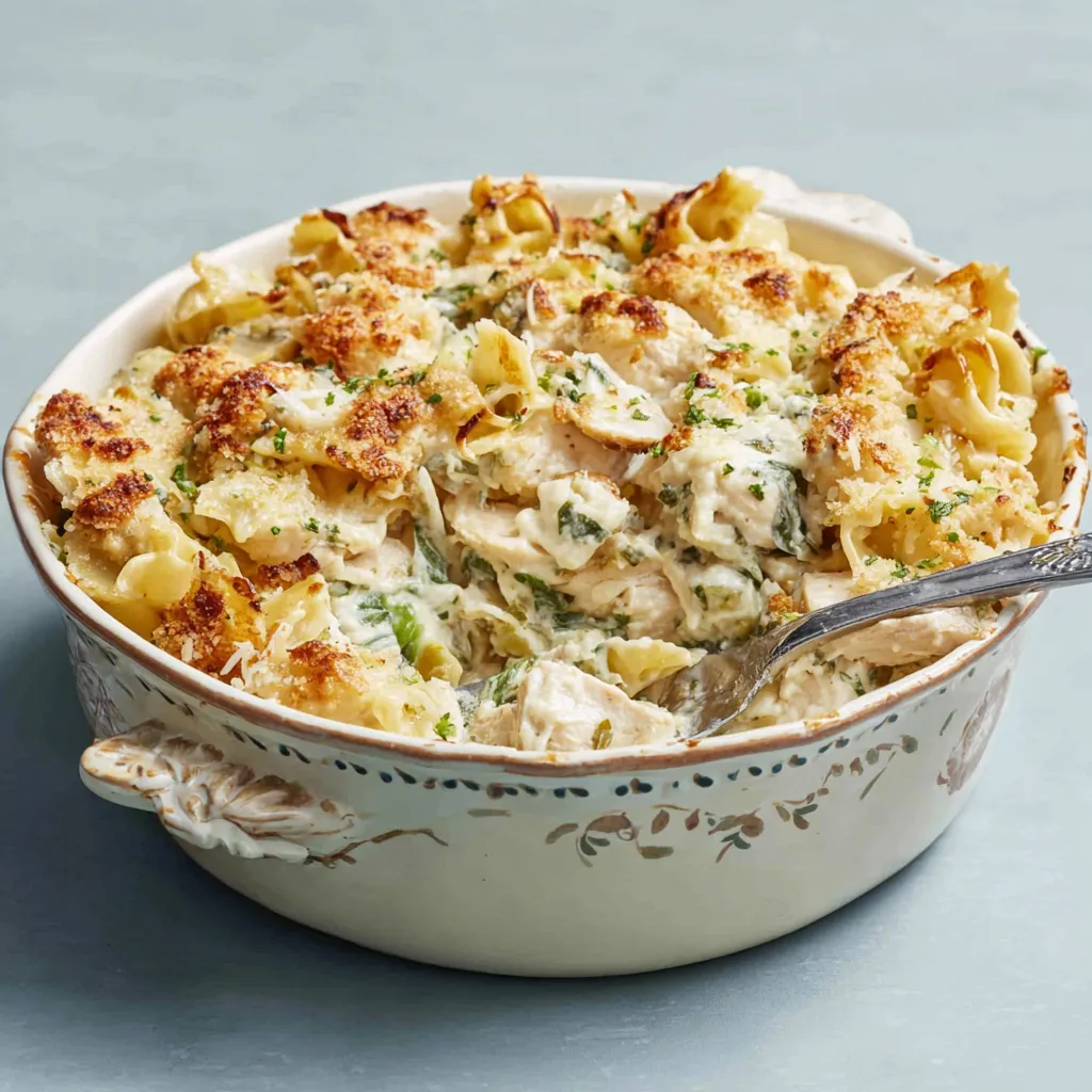 Creamy Cheesy Chicken Pasta Bake, showcasing a perfectly baked dish with golden-brown cheese and creamy pasta.