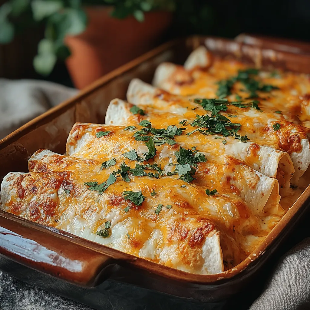 Creamy Chicken Enchiladas are pictured in a close-up, showcasing their cheesy and creamy texture.