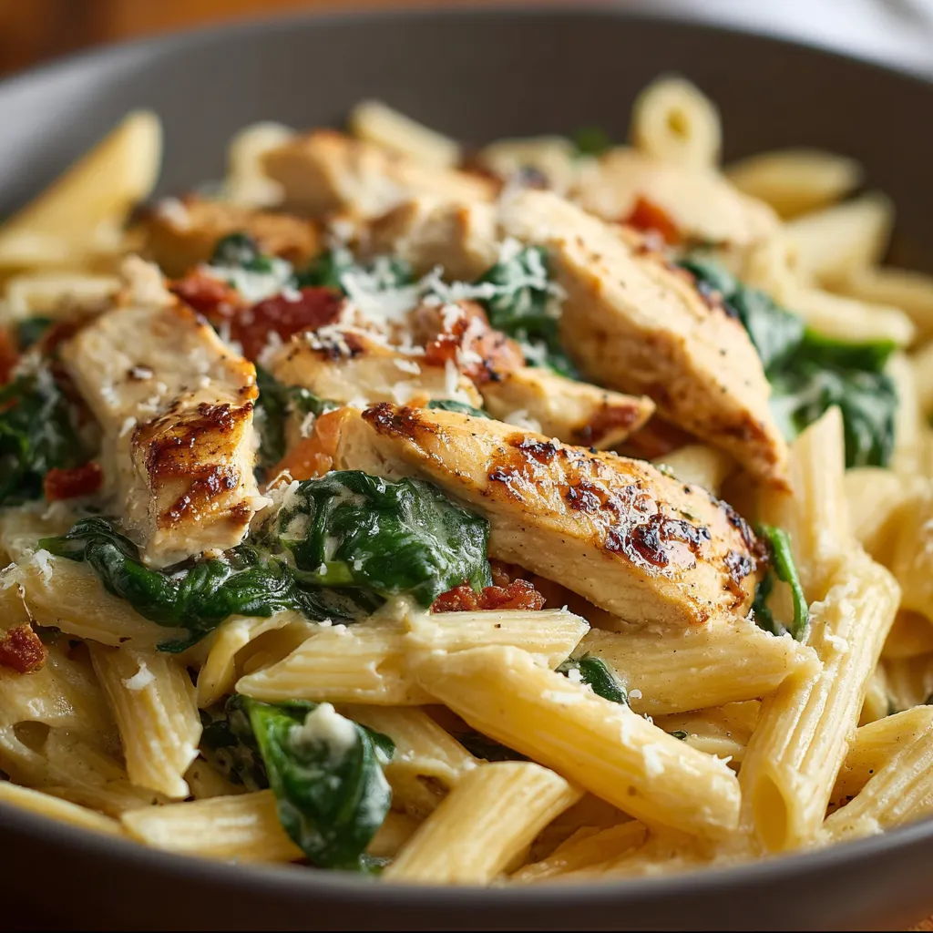 Close-up of a plate of freshly made Creamy Chicken Spinach Penne, showcasing its creamy sauce and vibrant green spinach.