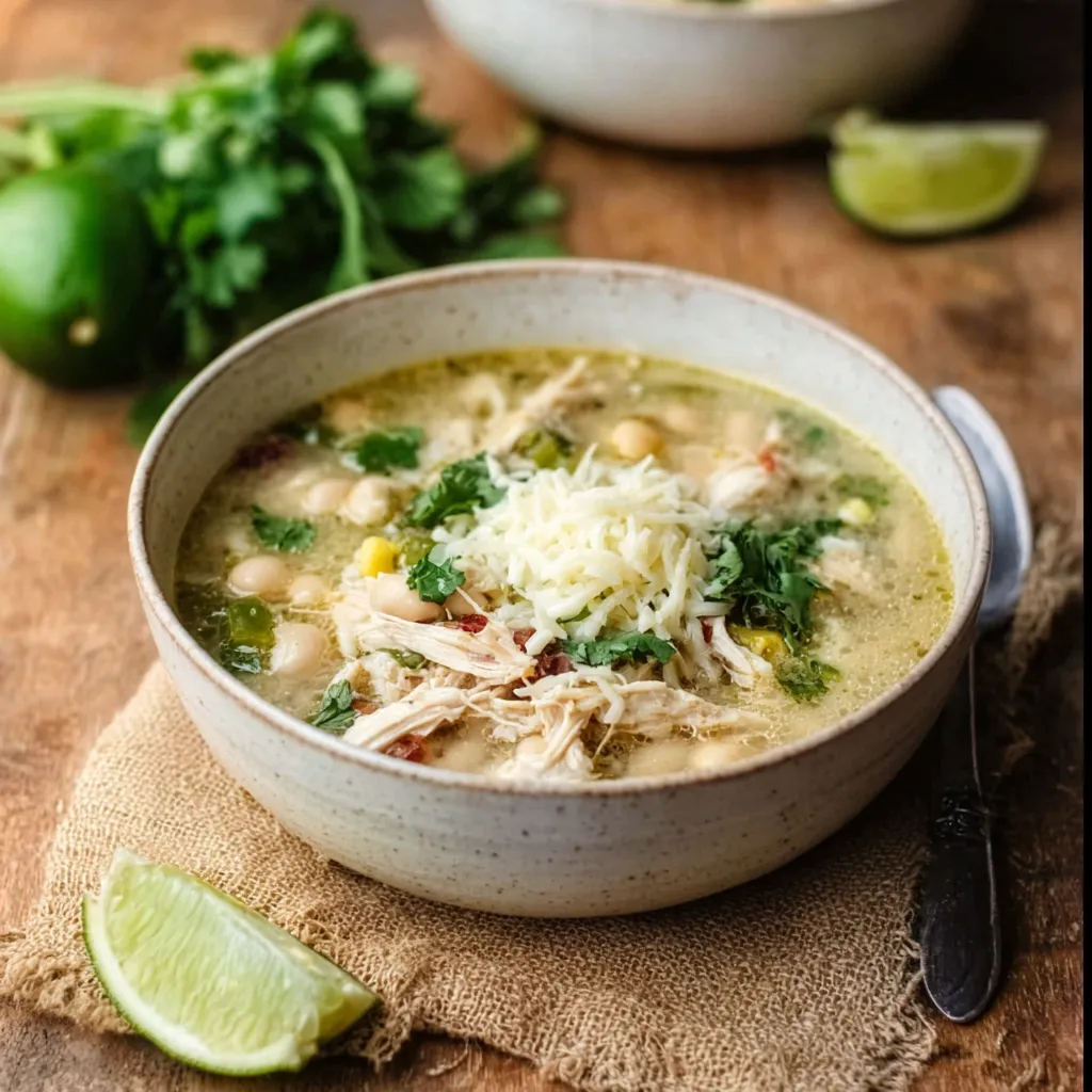 Creamy Keto White Chicken Chili is shown in a bowl, highlighting its creamy texture and delicious appearance.