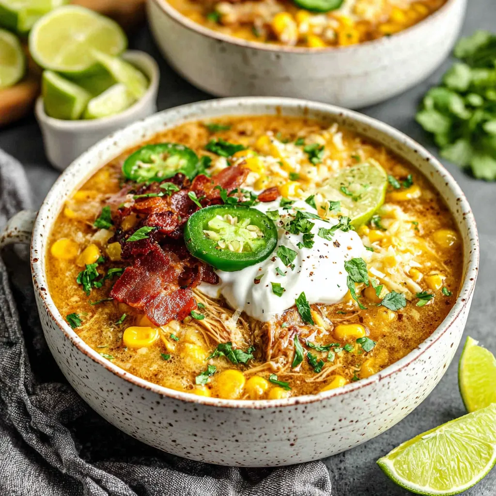 Close-up of Creamy Mexican Street Corn Soup in a bowl, showcasing its creamy texture and colorful toppings.