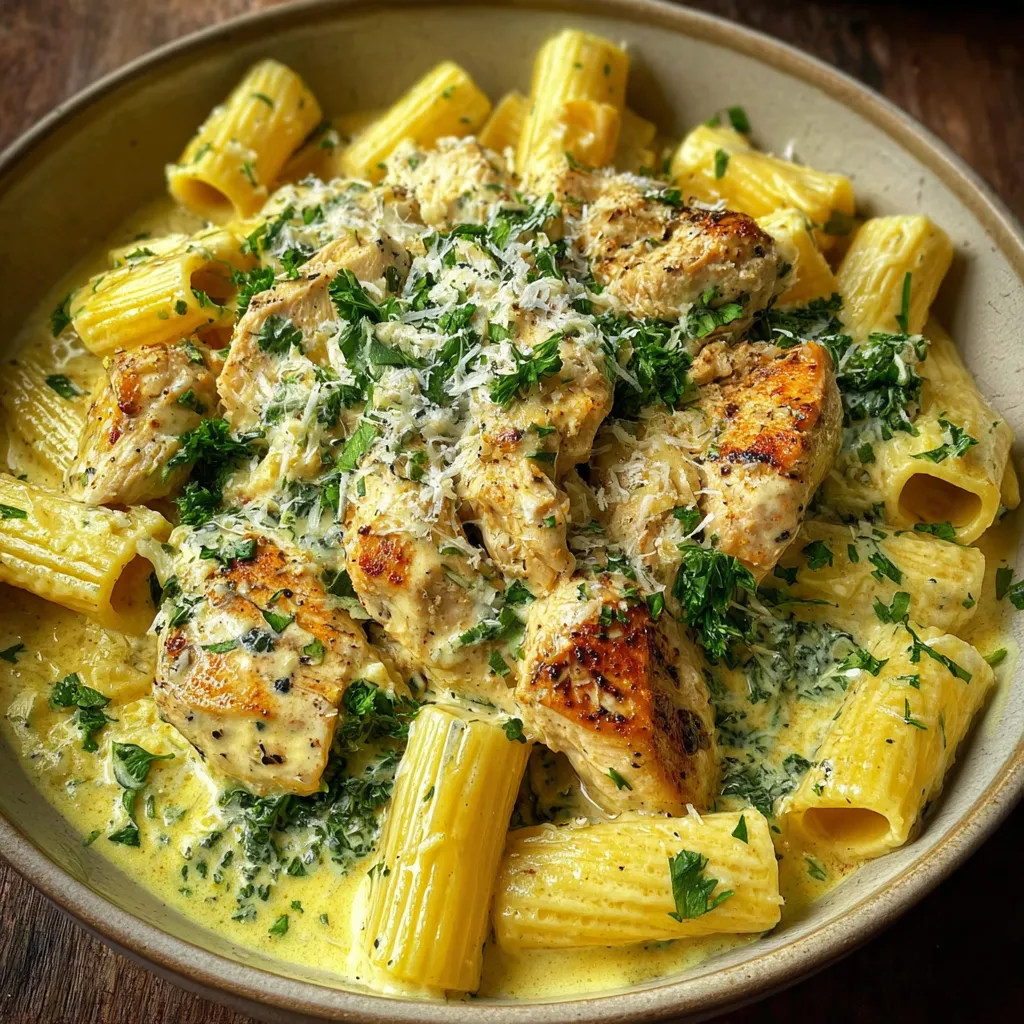 Close-up view of Creamy Parmesan Chicken Rigatoni, showcasing the creamy sauce and tender chicken.