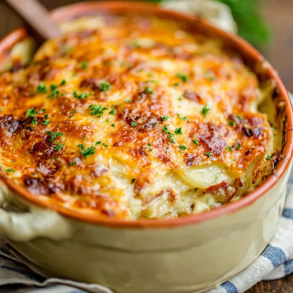 Creamy Parmesan Scalloped Potatoes are shown in a close-up image, revealing their cheesy, bubbly topping and creamy texture.