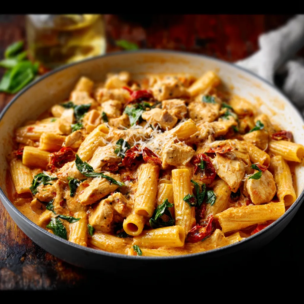 Close-up of Creamy Tuscan Chicken Pasta showcasing the creamy sauce, sun-dried tomatoes, spinach, and perfectly cooked chicken.