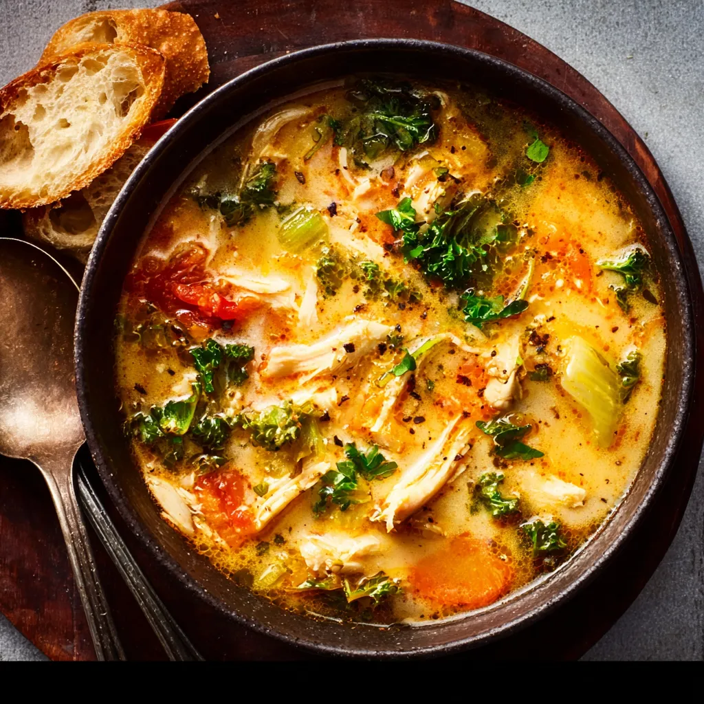 Close-up of Creamy Tuscan Chicken Soup in a bowl, showcasing its creamy texture and vibrant ingredients.