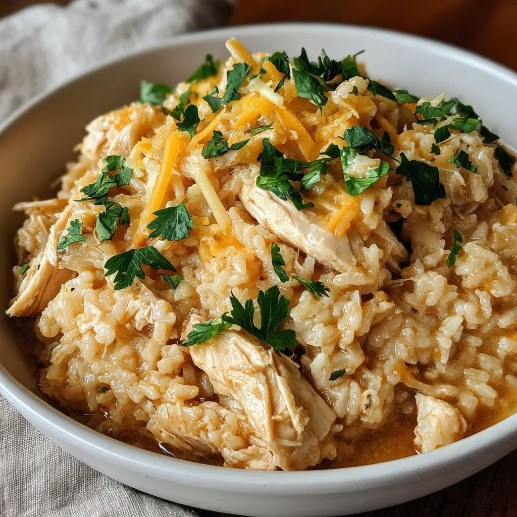 Close-up shot showcasing the creamy texture of Crockpot Chicken And Rice, ready to be served.