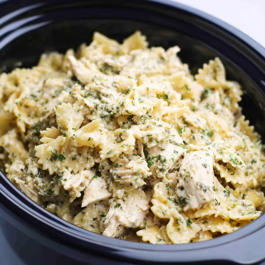 Close-up shot of creamy Crockpot Garlic Parmesan Chicken Pasta served in a bowl, showcasing its cheesy texture and flavorful sauce.