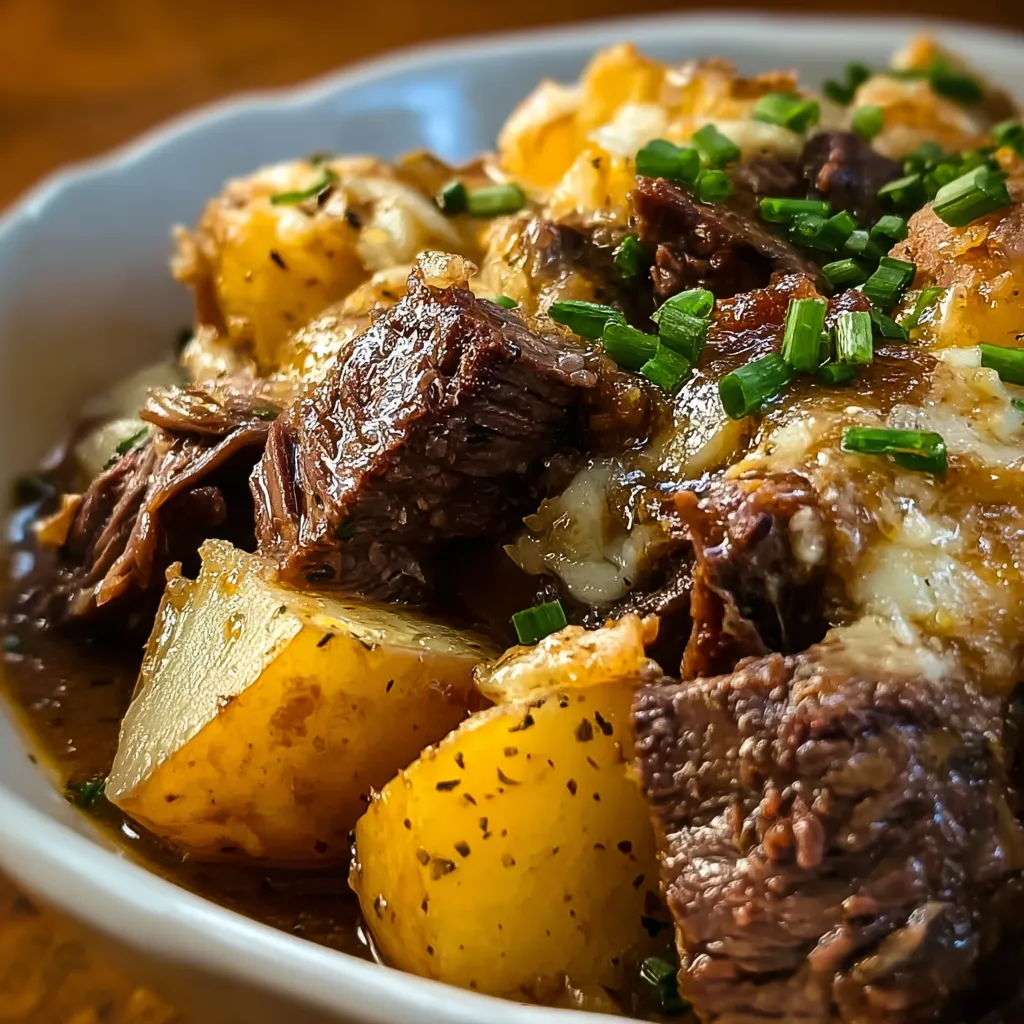 A close-up view showcasing the deliciousness of Crockpot Loaded Steak and Potatoes, highlighting the tender steak and creamy potatoes with various toppings.